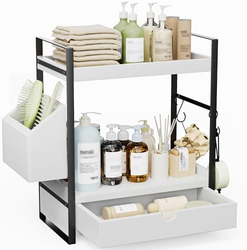 2-Tier Bathroom Counter Organizer, Wooden Vanity Shelf with Drawer & Basket