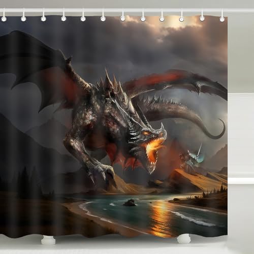 Fire Dragon Knight Fantasy Art Shower Curtain with Hooks 72 x 72 Inches