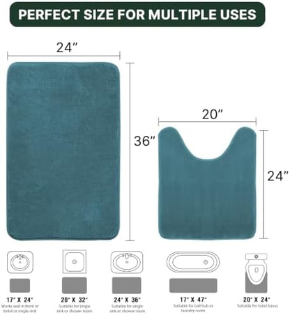 H.VERSAILTEX Bath Mat Memory Foam Bathroom Rug Flannel Velvety Luxury Extra Soft and Absorbent Non Slip Rugs for Bathroom/Bedroom (Curved Set 24"x 36" Plus 20"x 24" Dark Teal)