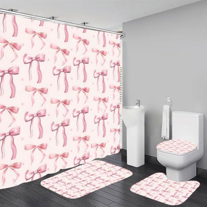 AZHM 4pcs Polka-Dot Bow Bathroom Shower Curtain Set with Rugs and Hooks