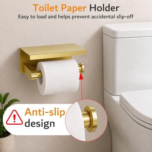 5 Pieces Bathroom Hardware Accessories Set Brushed Gold, 24Inch Bathroom Towel Rack Set SUS304 Stainless Steel, Round Toilet Paper Holder with Shelf Heavy Duty, Wall Mounted