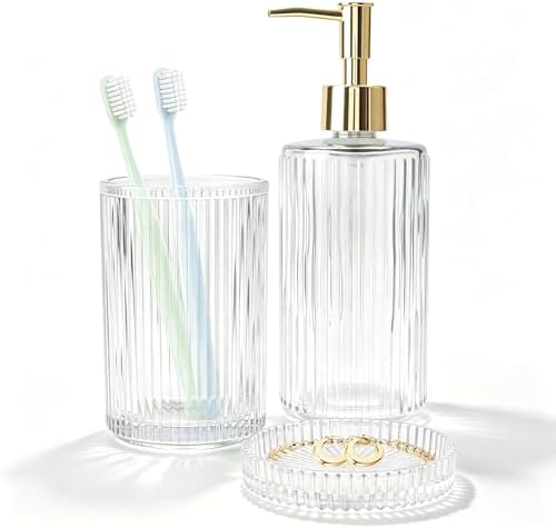 Clear Glass Bathroom Accessories Set,Soap Dispenser,Toothbrush Holder,Tray