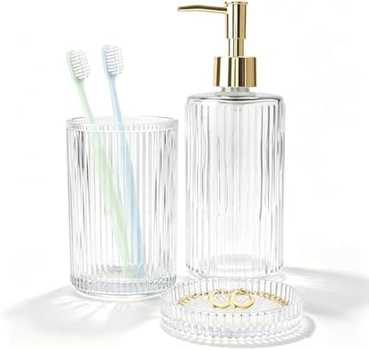 Clear Glass Bathroom Accessories Set,Soap Dispenser,Toothbrush Holder,Tray