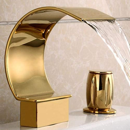 Sprinkle Elegant Waterfall Double Handle Bathroom Sink Faucet Arc Waterfall Spout Bathtub Filler Widespread Bathroom Faucet Gold