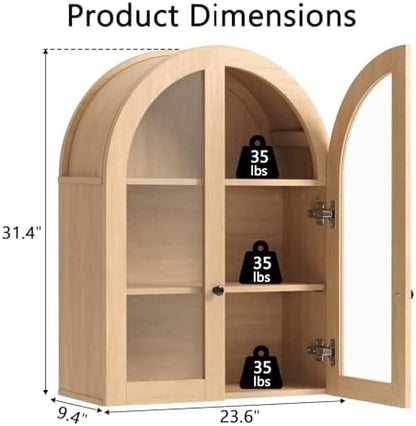 Bathroom Arched Wall Cabinet, 23.5'' Wide Medicine Cabinet, Bathroom Cabinet Wall Mount W/ Glass Doors & Adjustable Shelves, Over The Toilet Storage Cabinet for Laundry Room, Bedroom,Kitchen,Natural