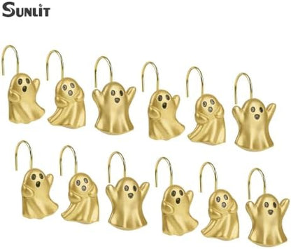 Sunlit Ghost Shower Curtain Hooks, Home Decorative Shower Curtain Rings for Bathroom, Halloween Shower Curtain Hangers Bathroom Accessories, Set of 12, Golden
