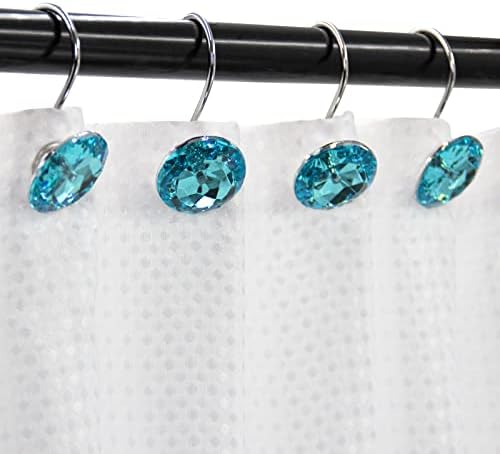 Crystal Diamond Round Shower Curtain Hooks Rings for Bathroom,Aqua,12PCS