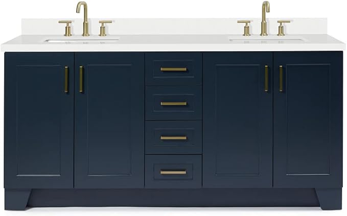 ARIEL Taylor 72-inch Bathroom Vanity with Sink,Solid Wood, 1.5-inch Pure White Quartz Countertop, Double Rectangular Porcelain Sink, 4 Soft Closing Doors, 6 Dovetail Drawers, Midnight Blue