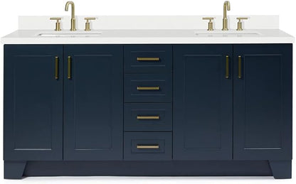 ARIEL Taylor 72-inch Bathroom Vanity with Sink,Solid Wood, 1.5-inch Pure White Quartz Countertop, Double Rectangular Porcelain Sink, 4 Soft Closing Doors, 6 Dovetail Drawers, Midnight Blue