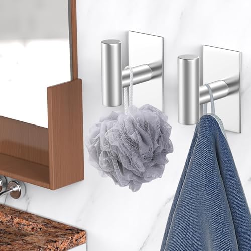 VAEHOLD Wall Towel Hooks, Heavy Duty Sticky Holder Waterproof Towel Hooks for Hanging Coat, Clothes, Closet Hook Wall Mount for Kitchen (Silver, 4 Pack)