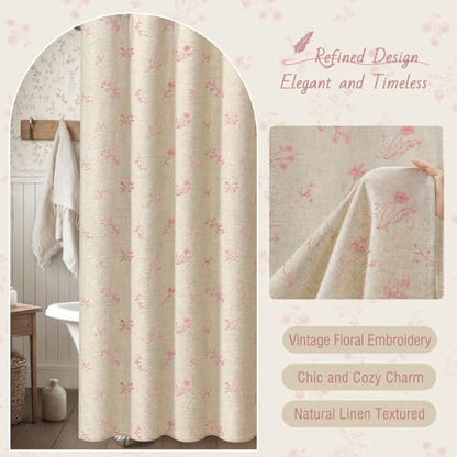 Pink Floral Vintage Linen Shower Curtain Embroidered Textured 72Wx72H