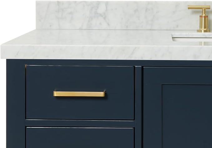 ARIEL Cambridge 54-inch Bathroom Vanity with Sink,Solid Wood, 1.5-inch Italian Carrara Marble Countertop, Single Rectangular Porcelain Sink, 2 Soft Closing Doors, 9 Dovetail Drawers, Midnight Blue