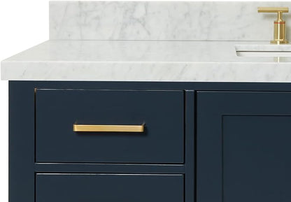 DKB Beckford 54-Inch Midnight Blue Single Bathroom Vanity with Sink, Italian Carrara White Marble Countertop, Rectangle Undermount Sink, 2 Soft-Closing Doors, 9 Dovetail Drawers, No Mirror