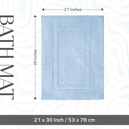 Feather & Stitch 2 Piece Towel Like Bath Mats (30x21 Inch) 100% Cotton Terry Bath Mats, Bathroom Shower Floor Mats [NOT A Bathroom Rug], Soft Absorbent Washable Mats - Sky Blue