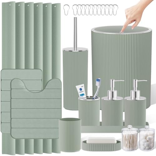 Sage Green Bathroom Decor Set Complete with Shower Curtain and Rugs