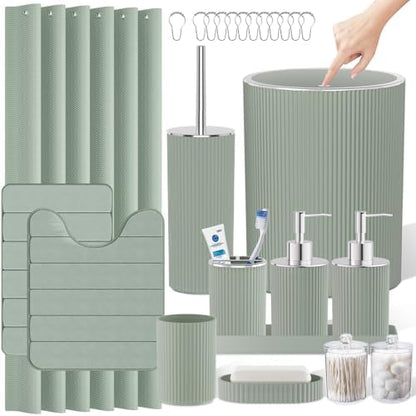 Sage Green Bathroom Decor Set Complete with Shower Curtain and Rugs