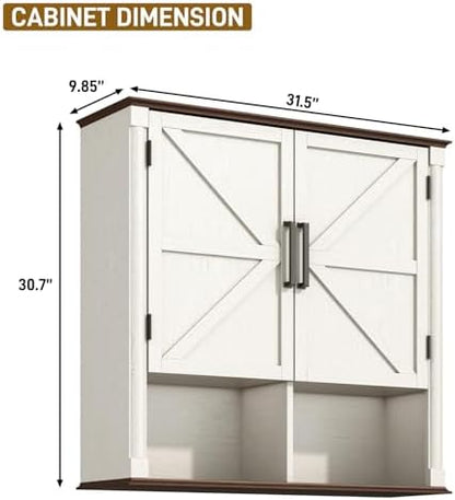 Farmhouse Bathroom Storage Cabinet,Double Wooden Bathroom Wall Cabinet with Roman Column Decor, Farmhouse Medicine Cabinets w Barn Doors,Storage Cabinets Wall Mounted for Kitchen(Rustic White)