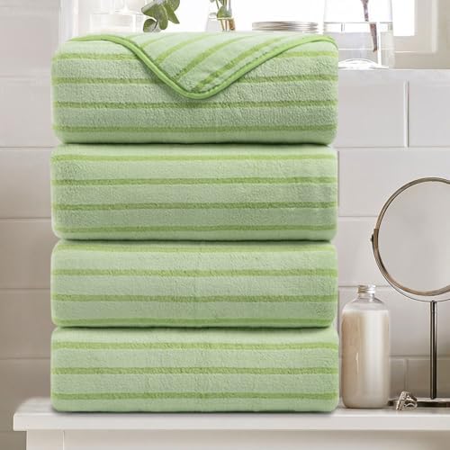 4 Pcs Grass Green Cabana Stripe Large Bath Towels 35"x70" Oversized Bath Sheet Soft Breathable Jumbo Bathroom Towels Highly Absorbent Shower Towel Quick Dry Beach Chair Towel Spa Gym Hotel Towel Set