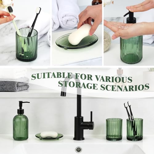 Bathroom Accessories Set, 4Pcs Glass Bathroom Accessories Sets Complete Lotion Soap Dispenser, Toothbrush Holder, Mouthwash Cup, Soap Dish for Bathroom Decor, Countertop Organizer (Green)