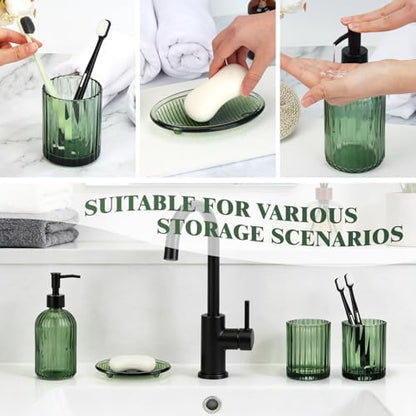 Bathroom Accessories Set, 4Pcs Glass Bathroom Accessories Sets Complete Lotion Soap Dispenser, Toothbrush Holder, Mouthwash Cup, Soap Dish for Bathroom Decor, Countertop Organizer (Green)
