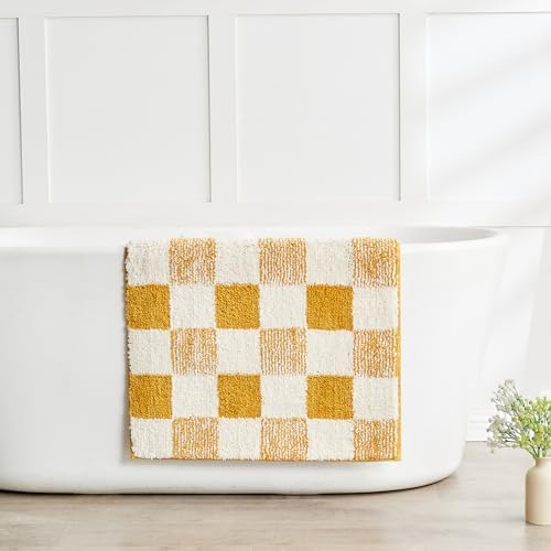 CozeCube Harvest Gold Checkered Bath Mat 24"x16" Non Slip Washable Rug