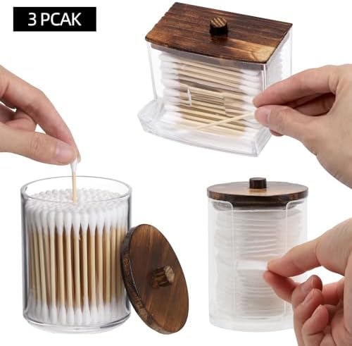 Tbestmax 4 Pack Qtip Holder Dispenser, 10/7oz Bathroom Container for Cotton Ball Cotton Swabs Pads, Apothecary Jar with Wood Lids for Organizer and Storage (Brown)