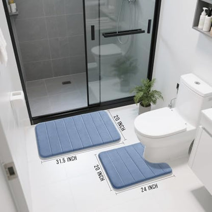 Yimobra Memory Foam Bathroom Mat Set, 31.5 x 20 & 24 x 20 in, Denim Blue