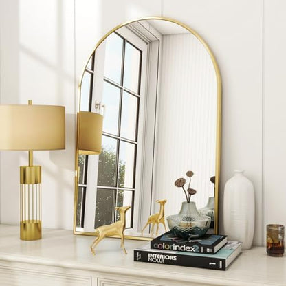 VooBang Arched Wall Mirror, 26 x 41 inch Arch Bathroom Mirror, Wall Mounted Vanity Mirror with Arch Metal Frame, Modern Bathroom Vanity Mirror for Bedroom, Living Room, Hanging or Leaning, Gold