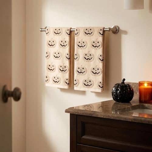 2 Pack Halloween Hand Towels 100% Cotton Jacquard ack-O'-Lantern Halloween Kitchen Towels White Bathroom Towels Set Seasonal Bathroom Decor(Beige ack-O'-Lantern)
