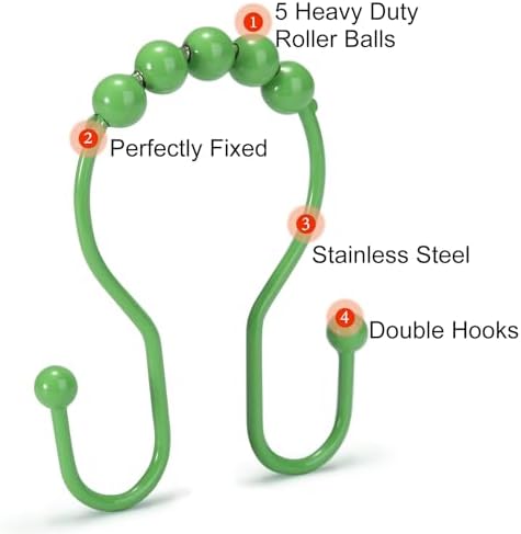 Goowin Shower Curtain Hooks, 12 Pcs Shower Curtain Rings, Stainless Steel Shower Curtain Hangers, Double Hook Shower Curtain Hooks, Smooth Sliding Anti-Drop Shower Rings for Curtain (Green)