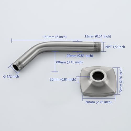 Angled Shower Arm with Flange 6 Inch Stainless Steel Stream Shower Head Replacement Pipe Wall Mounted Extension Arm, Brushed Nickel SW-91018-6BN.