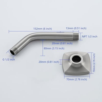 Angled Shower Arm with Flange 6 Inch Stainless Steel Stream Shower Head Replacement Pipe Wall Mounted Extension Arm, Brushed Nickel SW-91018-6BN.