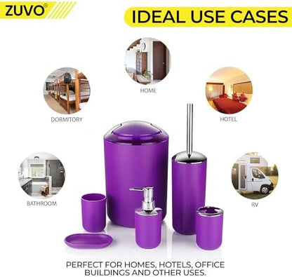 Bathroom Accessories Set 6 Piece -(Trashcan, Soap Dispenser, Toothbrush Holder, Soap Dish,Toilet Brush) for Decorative Countertop and Housewarming Gift (Purple)