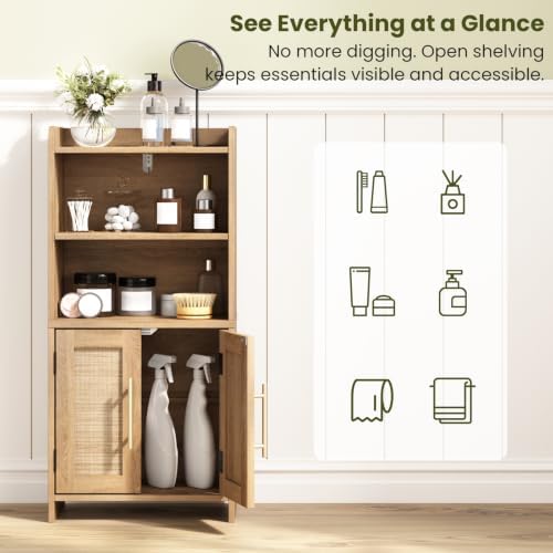 Small Bathroom Storage Cabinet with 2 Doors & Shelf,Rattan Natural