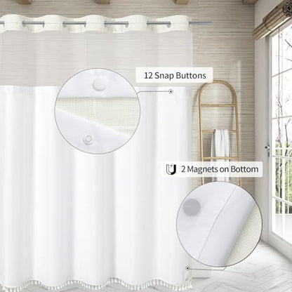MitoVilla No Hooks Required Farmhouse Shower Curtain with Snap-in Liner - with Window & Magnets, Boho Cotton Linen Fabric Shower Curtains with Tassels for Rustic Bathroom Decor, Ivory, 72 x 74