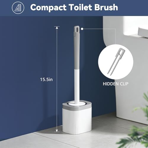 Toilet Brush, 2 Pack Compact Toilet Bowl Brush and Holder Set with Nylon Bristles Toilet Cleaner Brush Hidden Toilet Scrubber Brush for Bathroom Cleaning, Grey & White