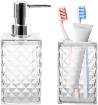 2 Piece Bathroom Accessory Set, Clear Soap Dispenser and Toothbrush Holder