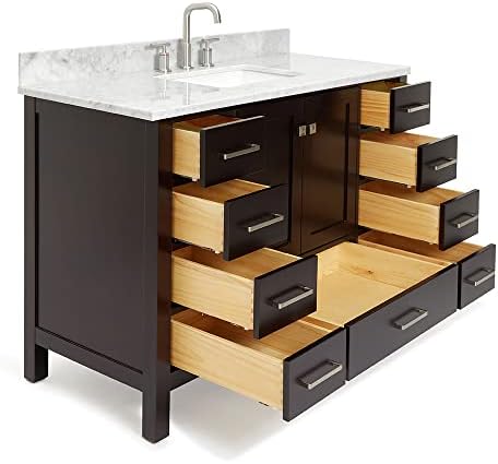 ARIEL Cambridge 48-inch Bathroom Vanity with Sink,Solid Wood, 0.75-inch Italian Carrara Marble Countertop, Single Rectangular Porcelain Sink, 2 Soft Closing Doors, 9 Dovetail Drawers, Espresso