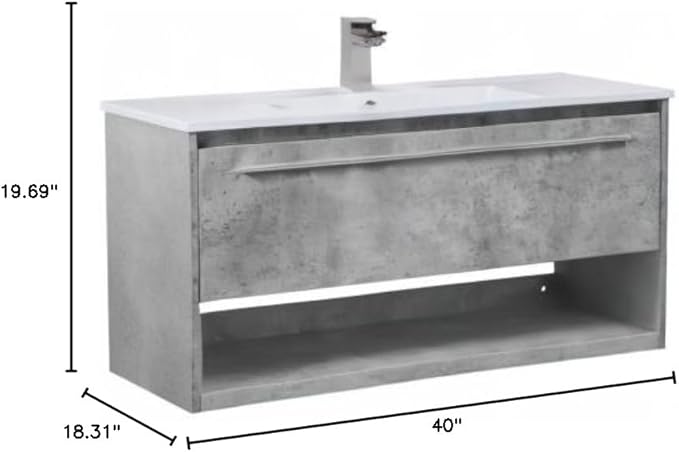 40 Inch Single Bathroom Floating Vanity in Concrete Grey