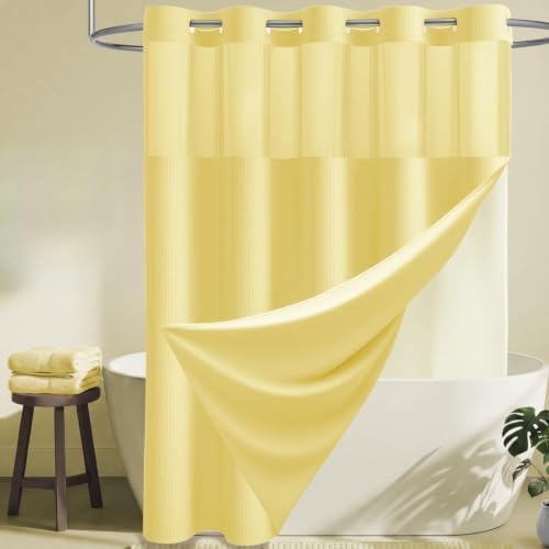 Dynamene Yellow Hook Free Waffle Shower Curtain & Snap Fabric Liner,72x81