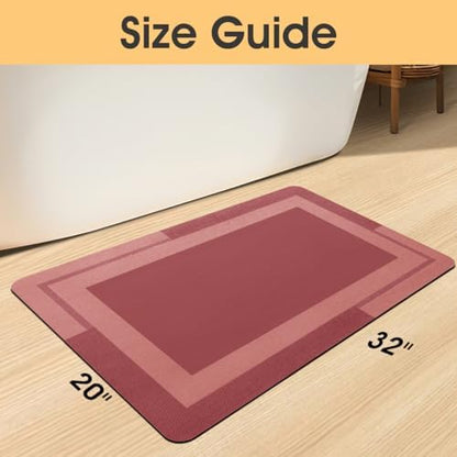 ACCUMTEK Non Slip Bath Mat, Thin Bathroom Rugs Fit Under Door, Quick Dry Bath Mats, Machine Washable Bath Rugs for Bathroom, Bathtub & Kitchen, Red/Bordered/32 x20