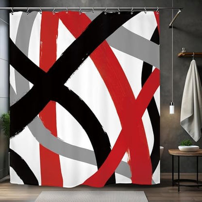 Black Red Gray Modern Shower Curtain 60Wx72L Inch Abstract Minimalist Contemporary Art Line Neutral Simple Bathroom Set Accessories Decor with 12 Pack Hooks