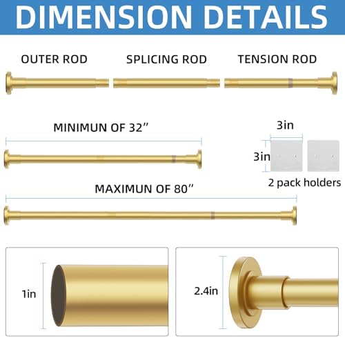 CorkLatta Gold Adjustable Shower Curtain Rod 32 to 80 inch with 2 Holders