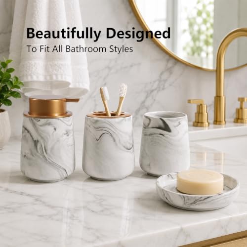 Ceramic Bathroom Accessory Set, 4 Piece Marble Bathroom Countertop Organizer Includes Soap Dispenser, Toothbrush Holder, Tumbler & Soap Dish, Elegant Modern Bath Decor
