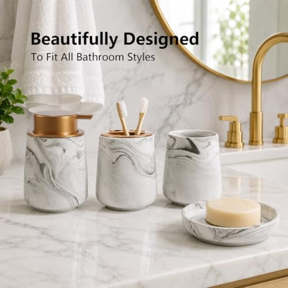 Ceramic Bathroom Accessory Set, 4 Piece Marble Bathroom Countertop Organizer Includes Soap Dispenser, Toothbrush Holder, Tumbler & Soap Dish, Elegant Modern Bath Decor