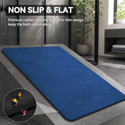 MontVoo -Bath Mat Rug-Rubber Backing Non Slip Quick Dry Absorbent Thin Bathroom Rugs Fit Under Door-Faux Suede Surface Bathroom Floor Mats-Shower Rug for in Front of Bathtub Shower Royal Blue 17x27.5
