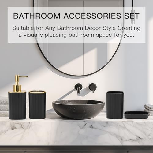 RRM Bathroom Accessories Set 4 Piece, Black and Gold Bathroom Set