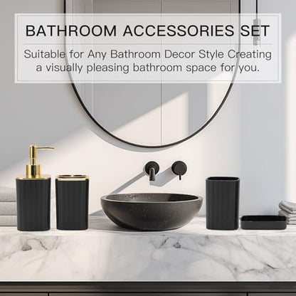 RRM Bathroom Accessories Set 4 Piece, Black and Gold Bathroom Set
