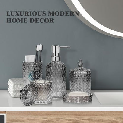 Bathroom Accessories Set, 5Pcs Gradient Glass Bath Accessory Sets Complete, Glass Bathroom Accessories with Soap Dispenser, Soap Dish, Toothbrush Holder, Qtip Holder