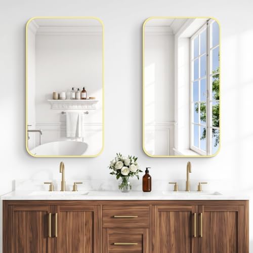 BONEWEI Gold Bathroom Mirror,20x36 inch Wall Mirror for Bathroom Wall Mounted,Round Rectangle Mirror for Bathroom Over Sink,Modern Frame for Home Decor Living Room,Bedroom Entryway,Horizontal/Vertical